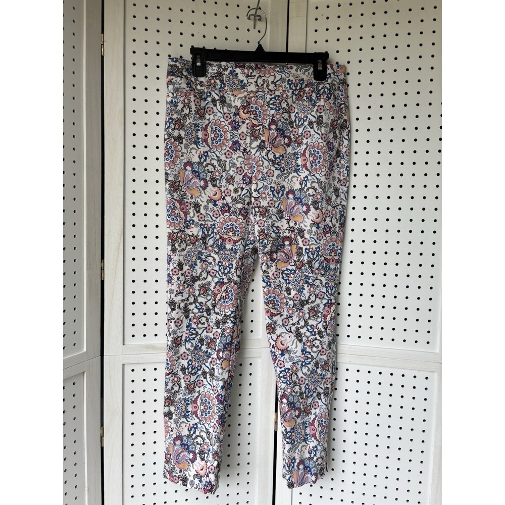 Chico's Pull On Stretch Floral Ankle Pants Women's 1R (US 8 R) White Blue Pink